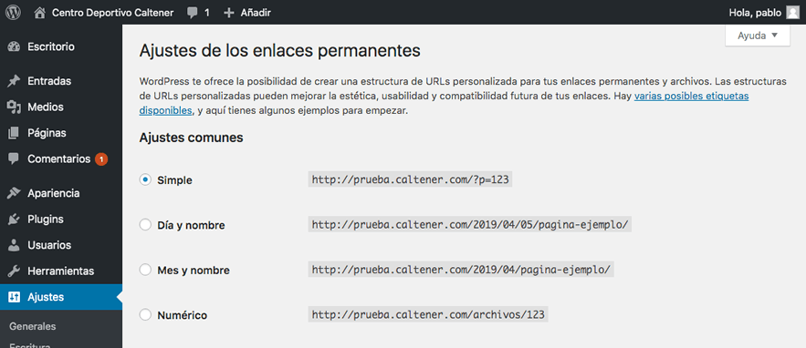 ajustes enlaces permanentes wordpress