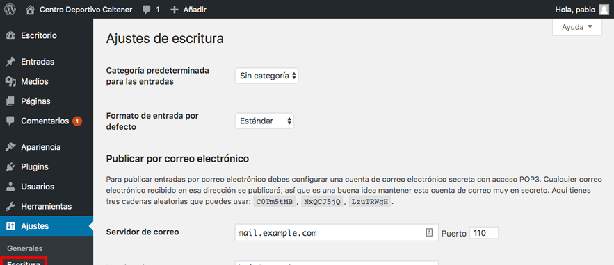 ajustes de escritura wordpress