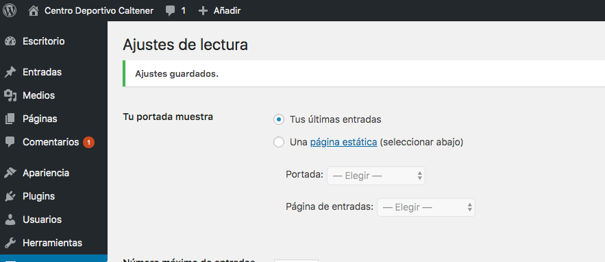 ajustes de lectura wordpress