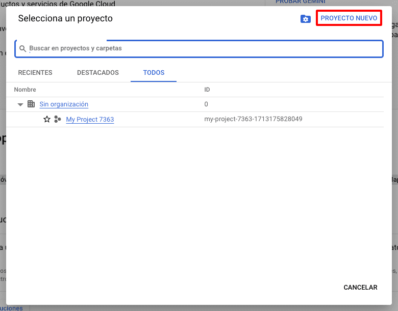 nuevo proyecto en google para gmail